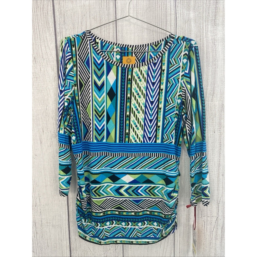 Ruby Rd Top Womens MEDIUM Blue Green Black Stripe Geometric Tribal Colorful
